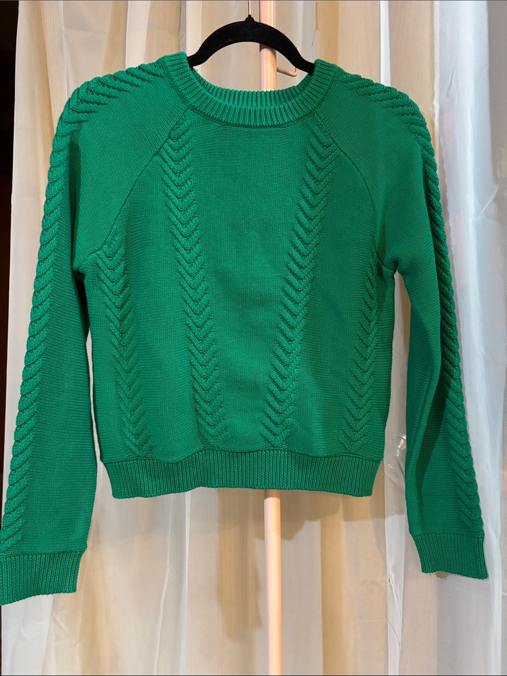 English Factory Embroidered Cotton Blend Green Cable-Knit Crewneck Sweater
